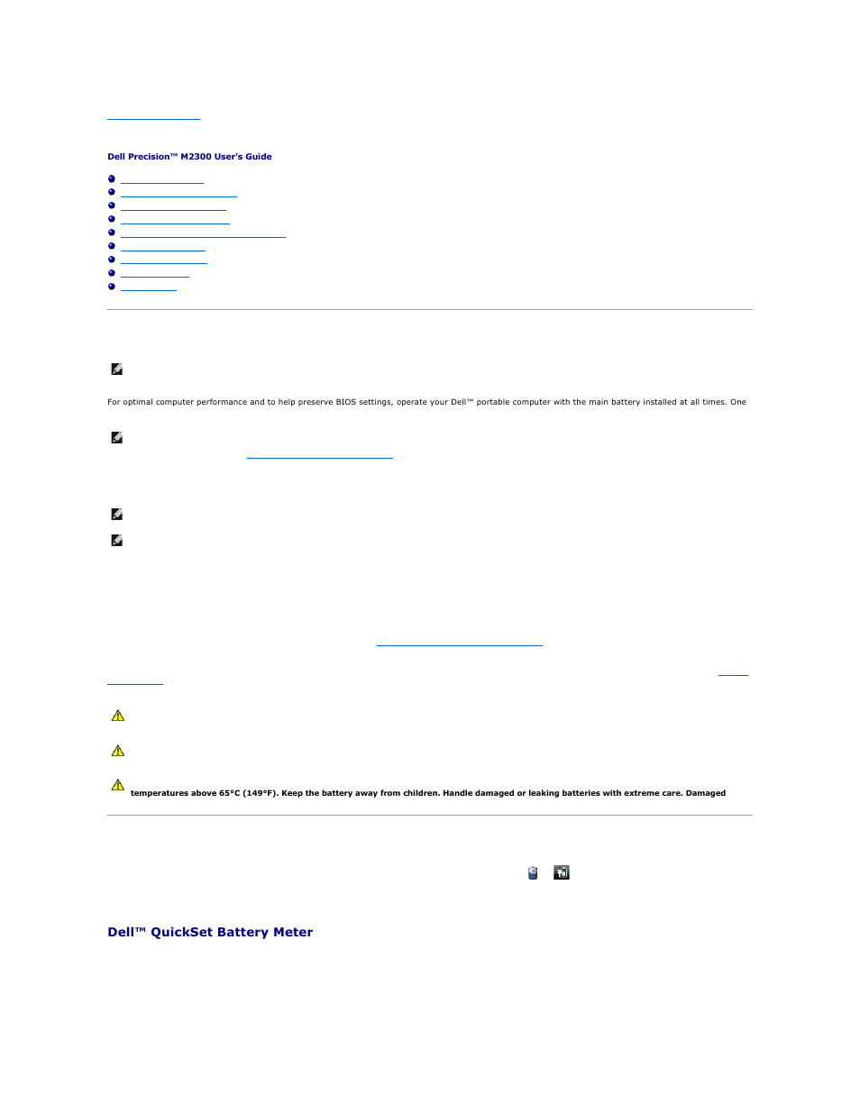 Using a battery, Battery performance, Checking the battery charge | Dell™ quickset battery meter | Dell Precision M2300 (Late 2007) User Manual | Page 12 / 104