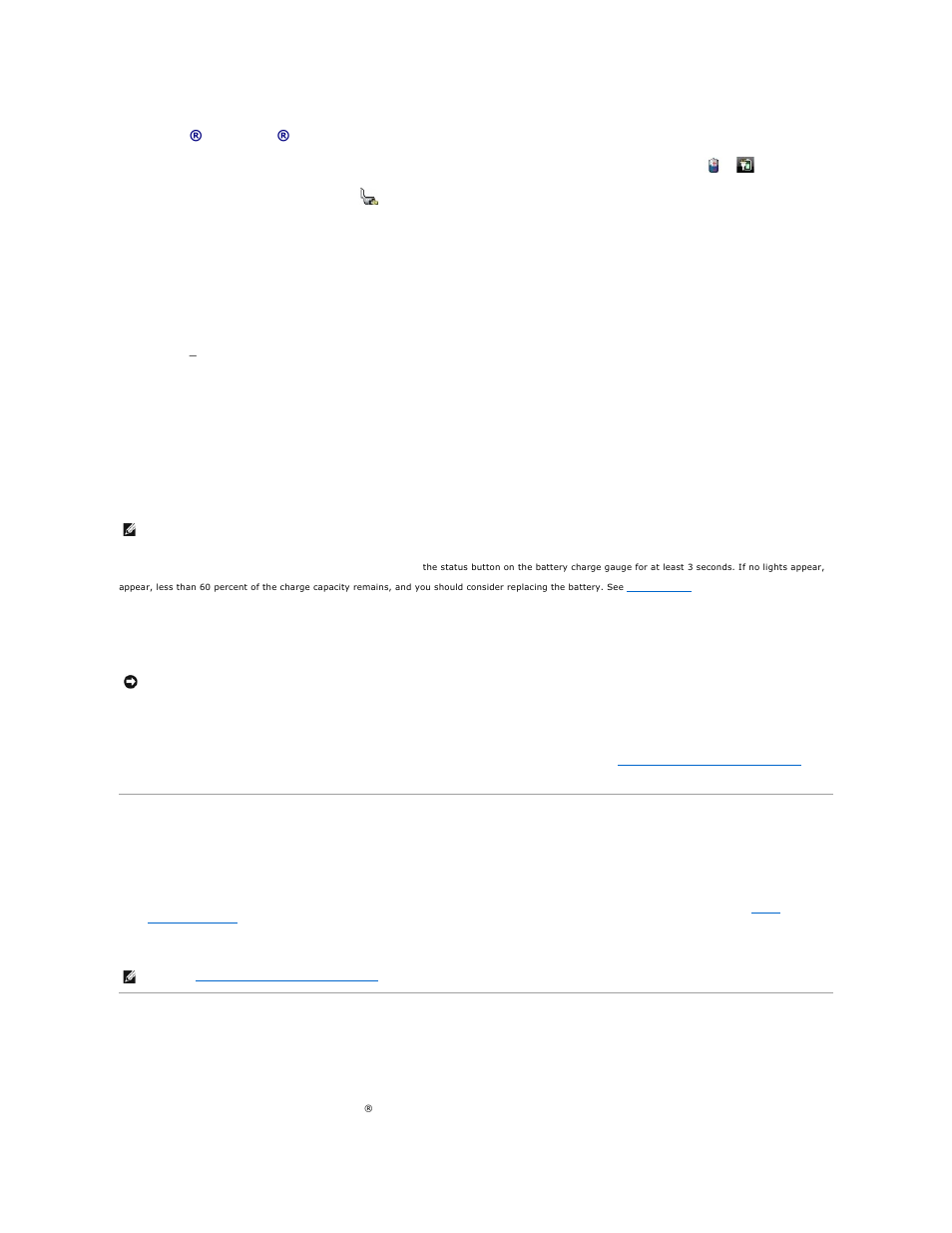 Conserving battery power, Power management modes, Battery | Charge is low, Microsoft® windows® power meter, Charge gauge, Low-battery warning, Standby and sleep mode | Dell Precision M2300 (Late 2007) User Manual | Page 13 / 104