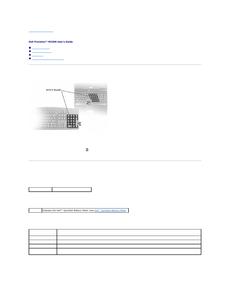 Using the keyboard, Numeric keypad, Key combinations | System functions, Battery, Display functions, Power management | Dell Precision M2300 (Late 2007) User Manual | Page 35 / 104