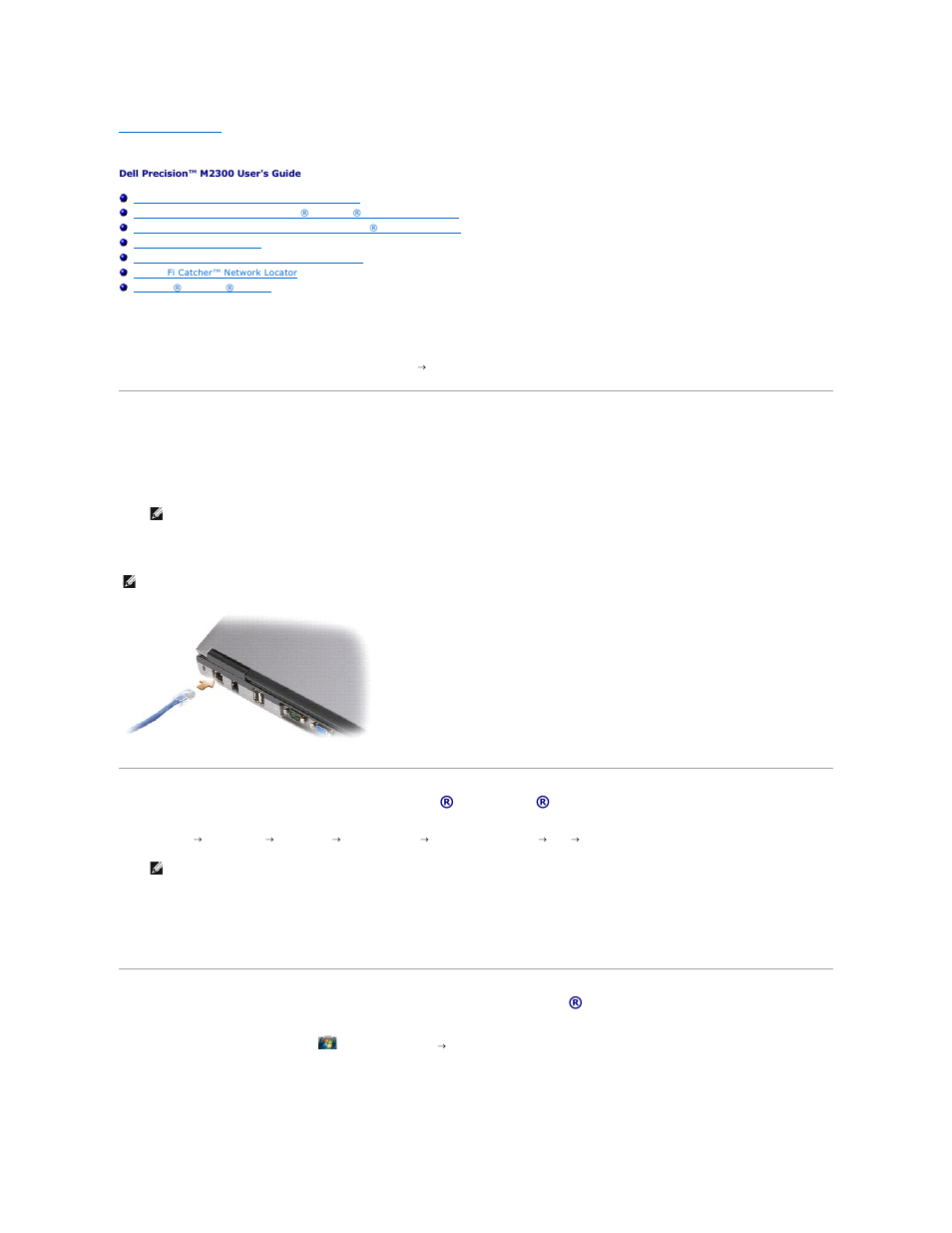 Setting up and using networks, Connecting a network or broadband modem cable | Dell Precision M2300 (Late 2007) User Manual | Page 42 / 104