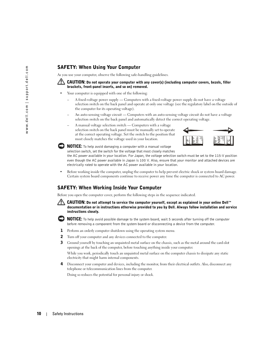 Safety: when using your computer, Safety: when working inside your computer | Dell Dimension 8300 User Manual | Page 10 / 146