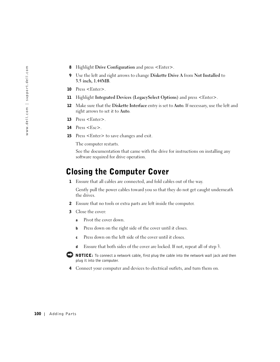 Closing the computer cover | Dell Dimension 8300 User Manual | Page 100 / 146