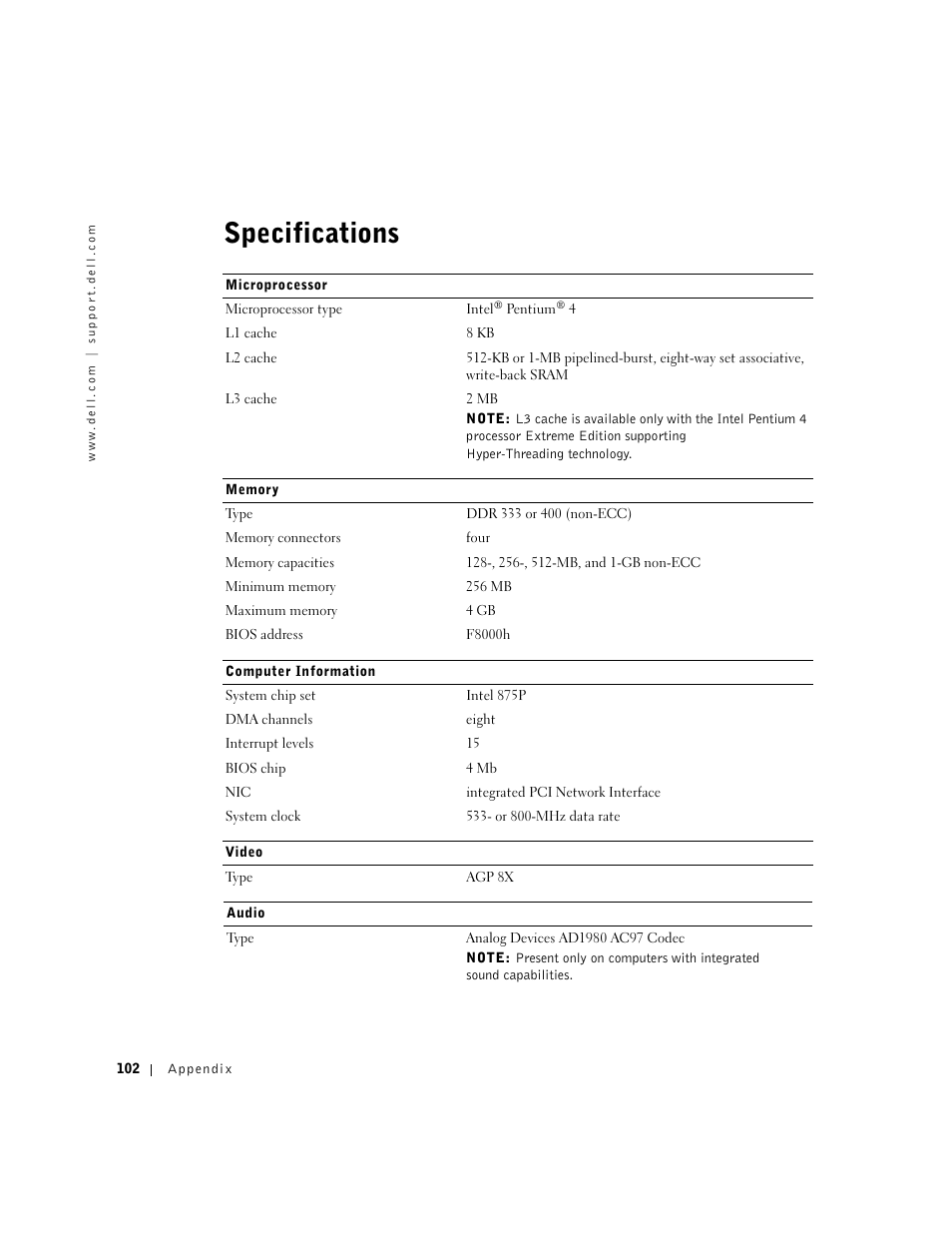 Specifications | Dell Dimension 8300 User Manual | Page 102 / 146