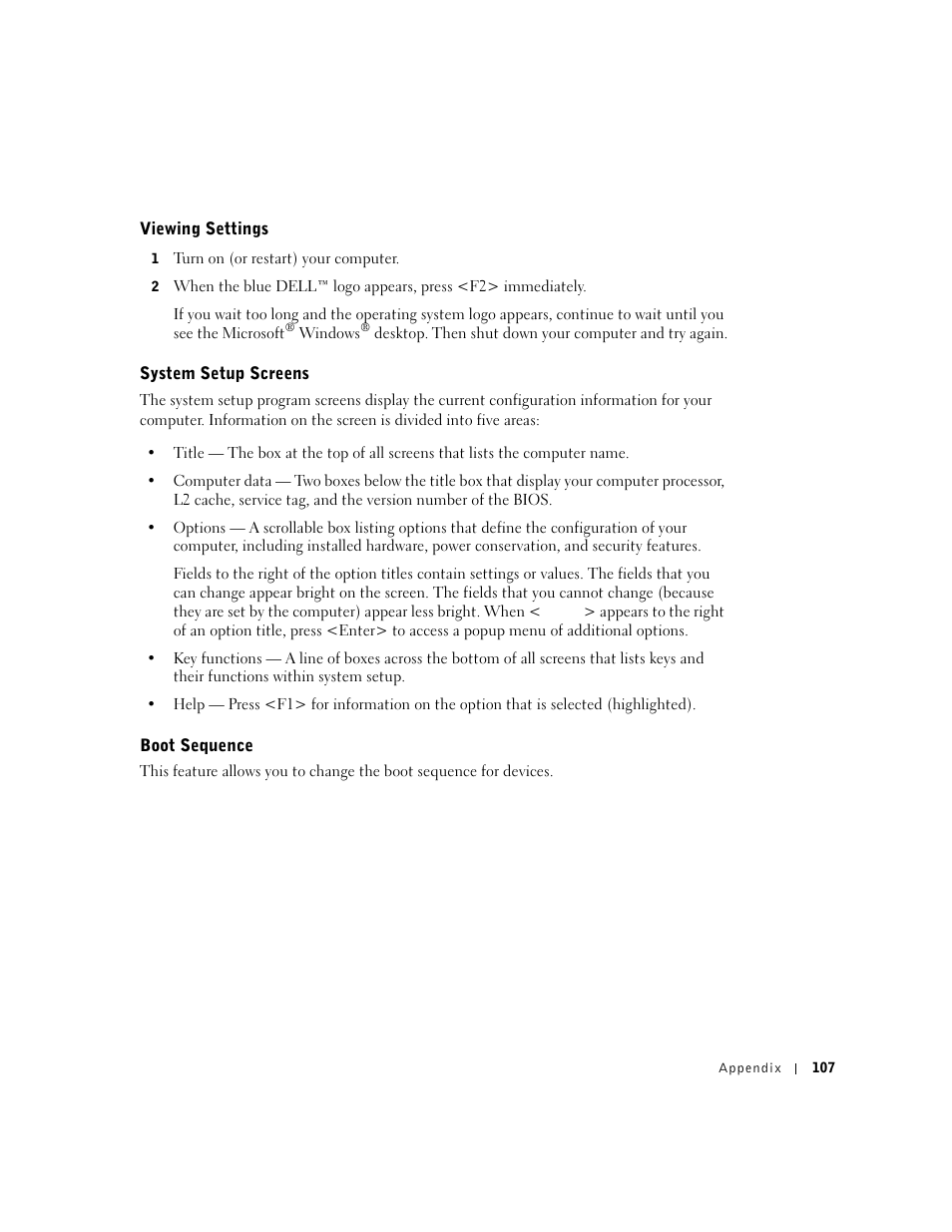 Viewing settings, System setup screens, Boot sequence | Dell Dimension 8300 User Manual | Page 107 / 146