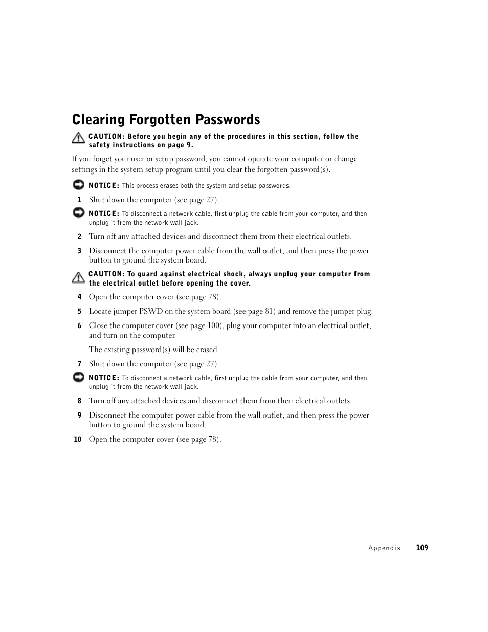 Clearing forgotten passwords | Dell Dimension 8300 User Manual | Page 109 / 146