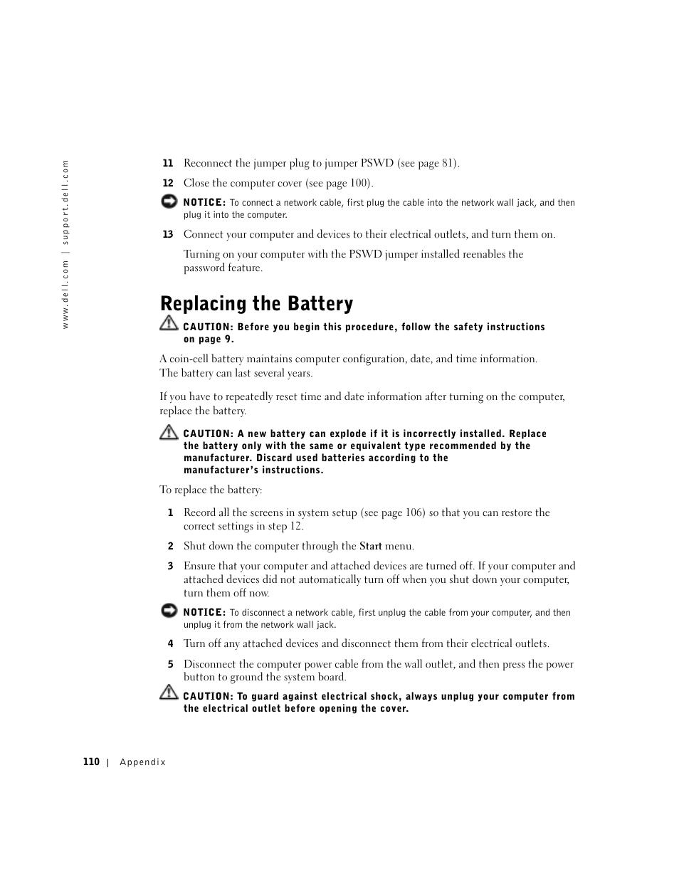 Replacing the battery | Dell Dimension 8300 User Manual | Page 110 / 146