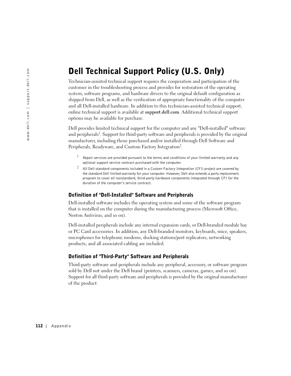 Dell technical support policy (u.s.only), Dell technical support policy (u.s. only) | Dell Dimension 8300 User Manual | Page 112 / 146