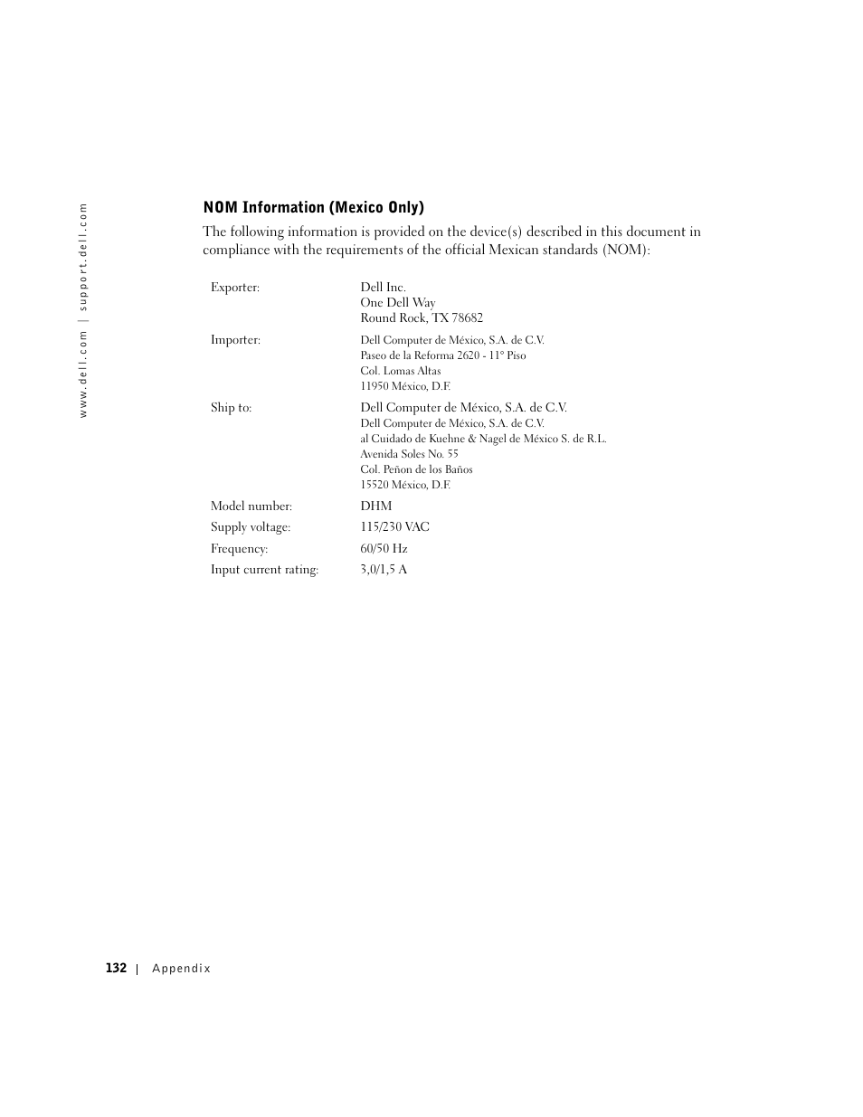 Nom information (mexico only) | Dell Dimension 8300 User Manual | Page 132 / 146