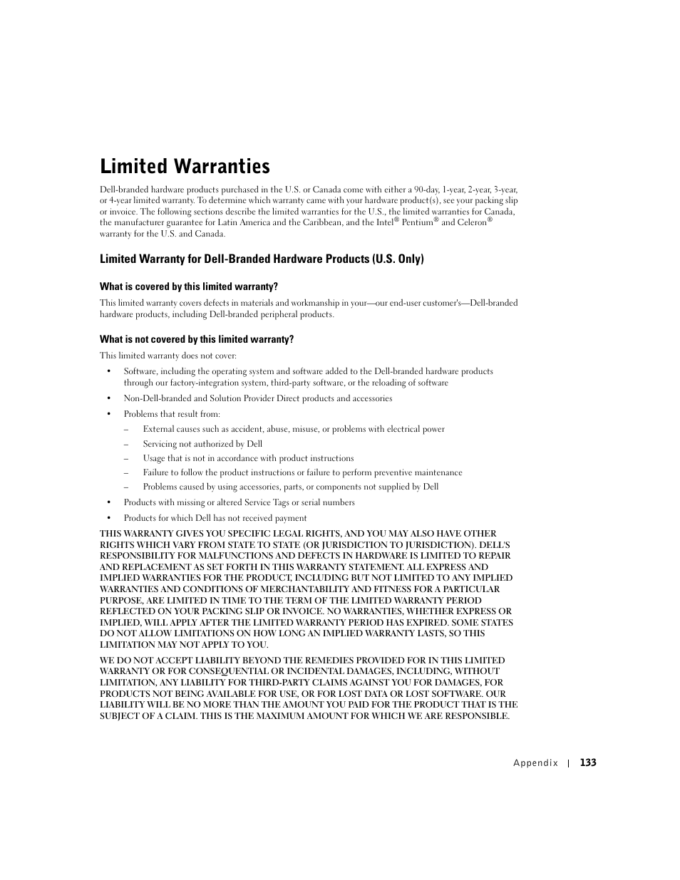 Limited warranties | Dell Dimension 8300 User Manual | Page 133 / 146