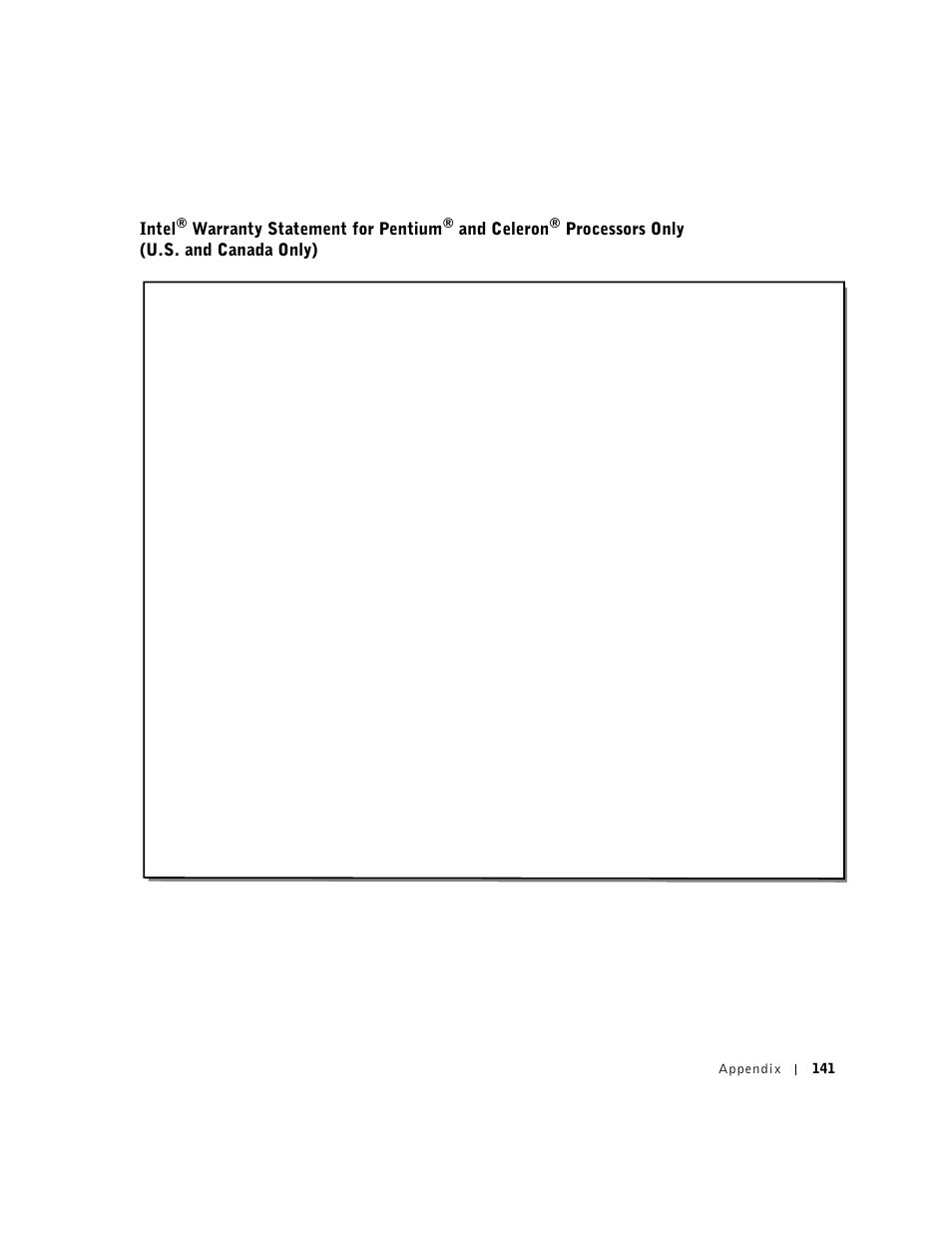 Intel, Warranty statement for pentium, And celeron | Processors only (u.s. and canada only) | Dell Dimension 8300 User Manual | Page 141 / 146