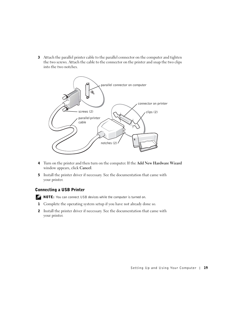 Connecting a usb printer | Dell Dimension 8300 User Manual | Page 19 / 146