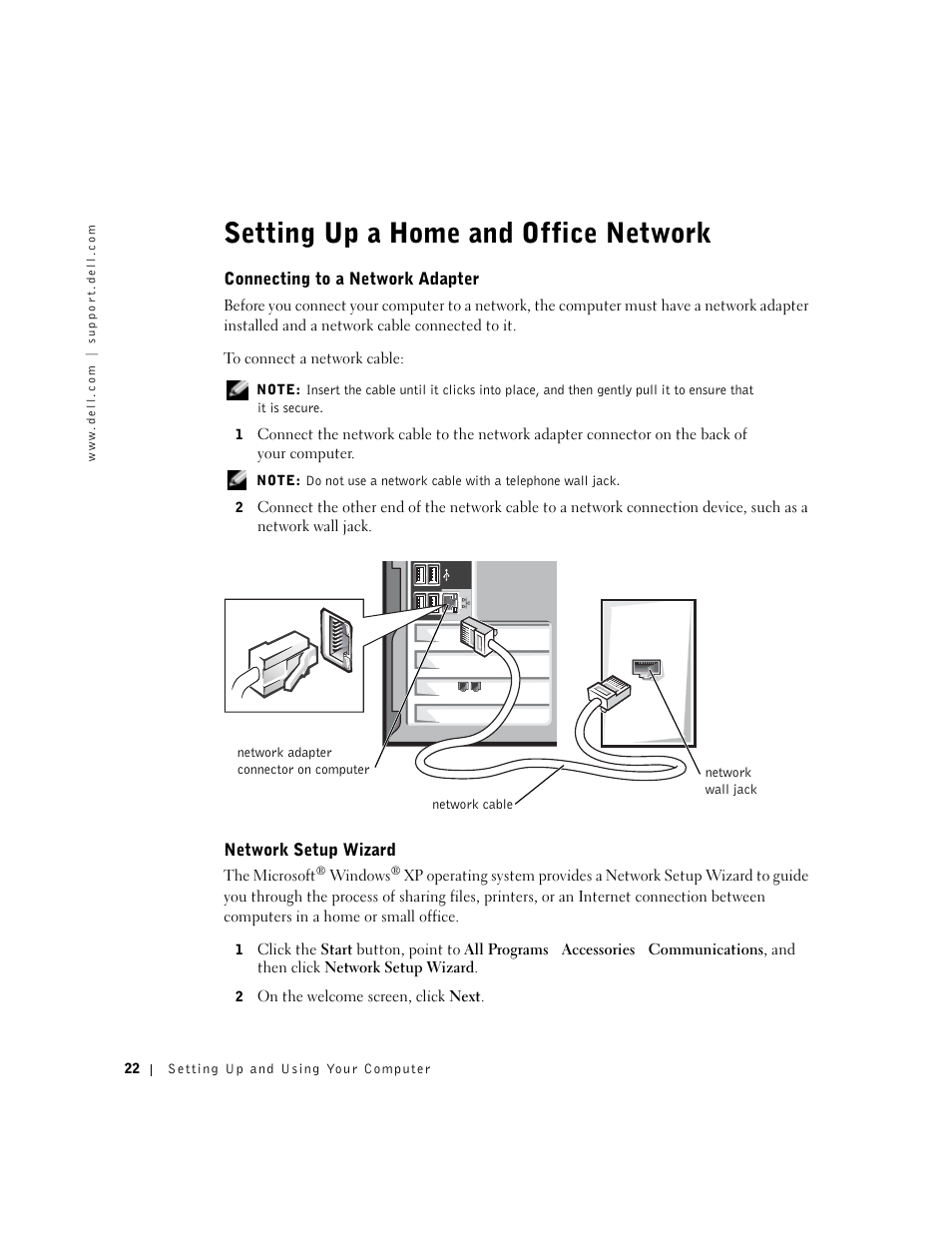 Setting up a home and office network, Connecting to a network adapter, Network setup wizard | Dell Dimension 8300 User Manual | Page 22 / 146