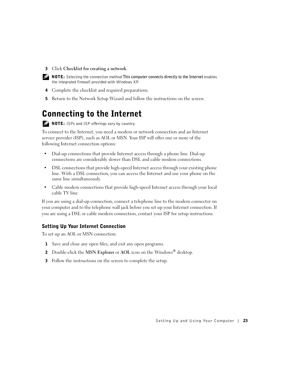 Connecting to the internet, Setting up your internet connection | Dell Dimension 8300 User Manual | Page 23 / 146