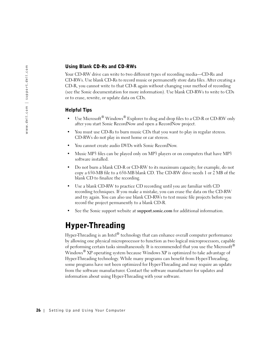 Using blank cd-rs and cd-rws, Helpful tips, Hyper-threading | Dell Dimension 8300 User Manual | Page 26 / 146