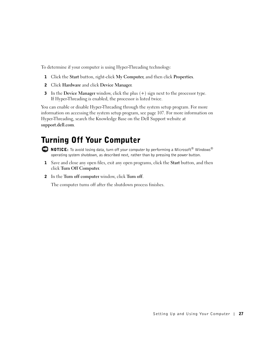 Turning off your computer | Dell Dimension 8300 User Manual | Page 27 / 146