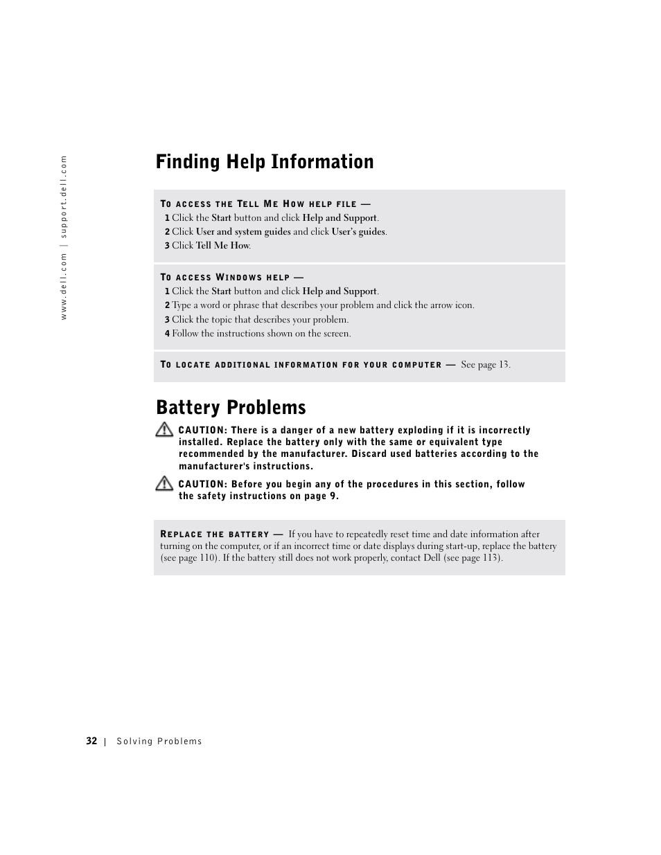 Finding help information, Battery problems, Finding help information battery problems | Dell Dimension 8300 User Manual | Page 32 / 146