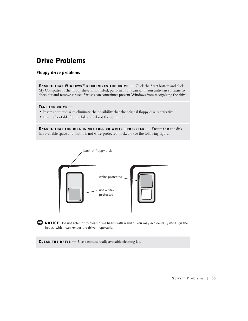 Drive problems, Floppy drive problems | Dell Dimension 8300 User Manual | Page 33 / 146