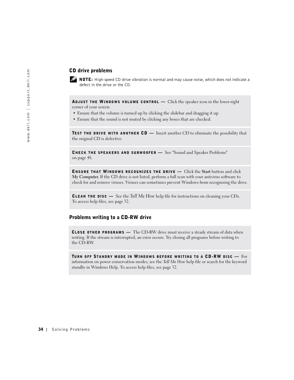 Cd drive problems, Problems writing to a cd-rw drive | Dell Dimension 8300 User Manual | Page 34 / 146