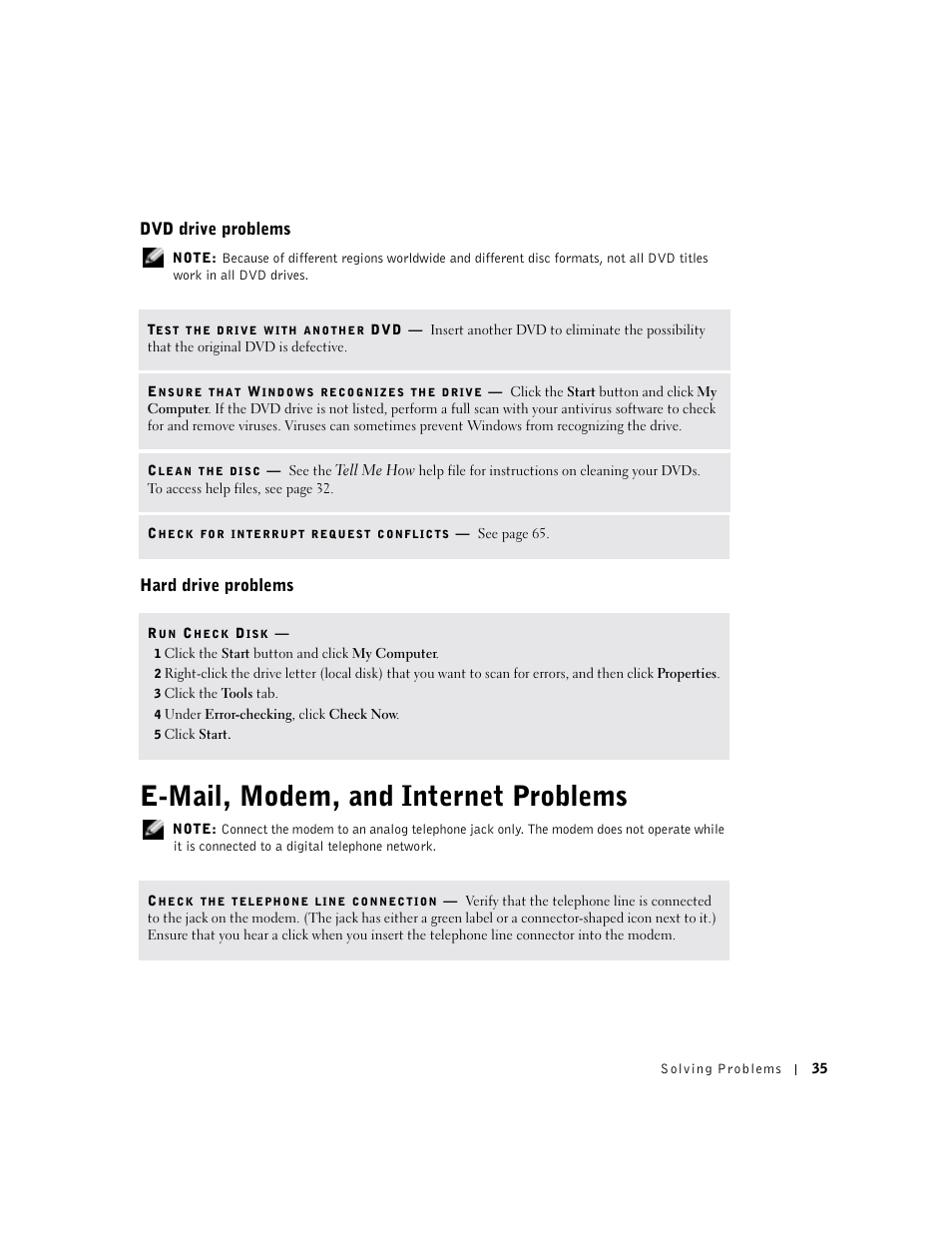 Dvd drive problems, Hard drive problems, E-mail, modem, and internet problems | Dell Dimension 8300 User Manual | Page 35 / 146