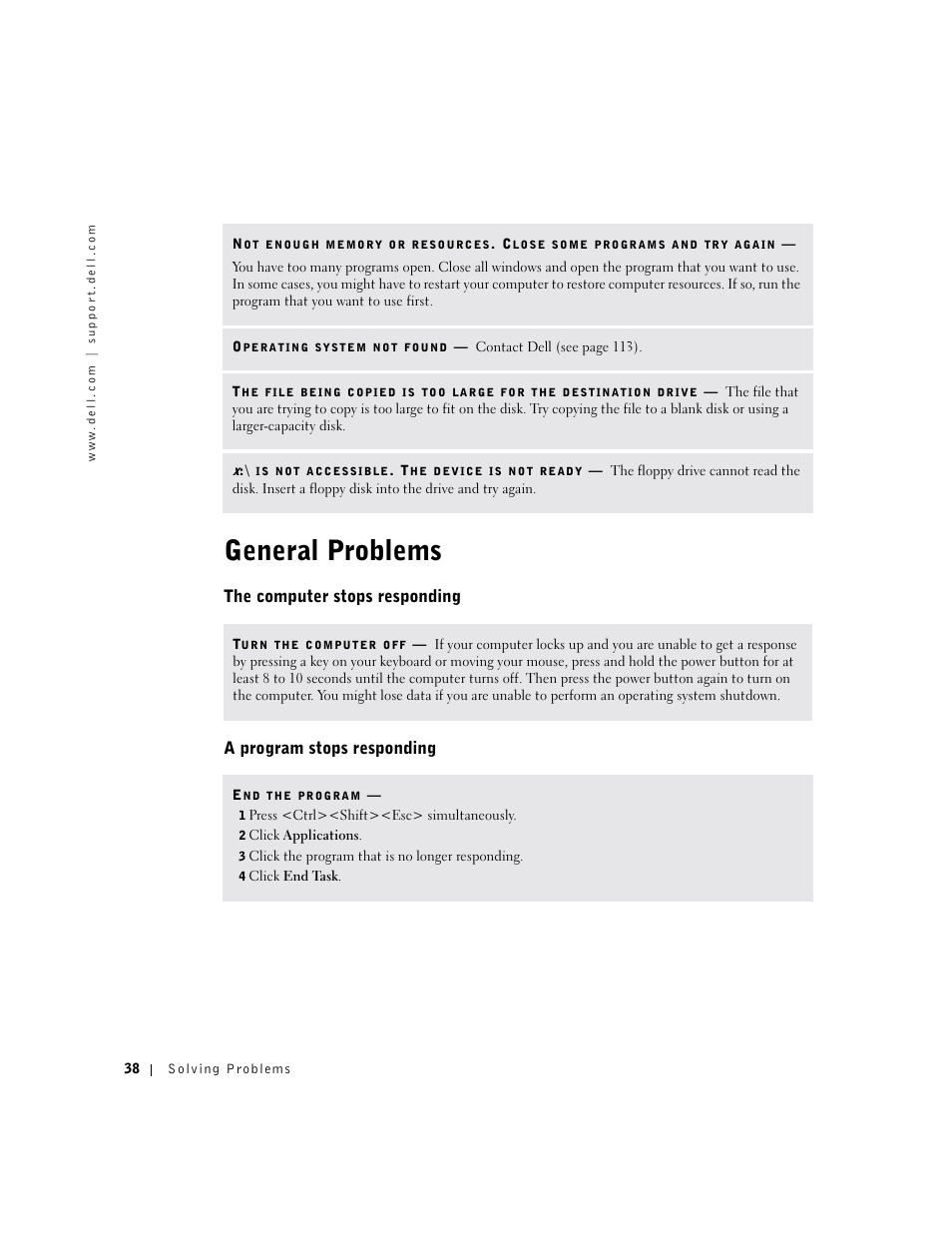 General problems, The computer stops responding, A program stops responding | Dell Dimension 8300 User Manual | Page 38 / 146