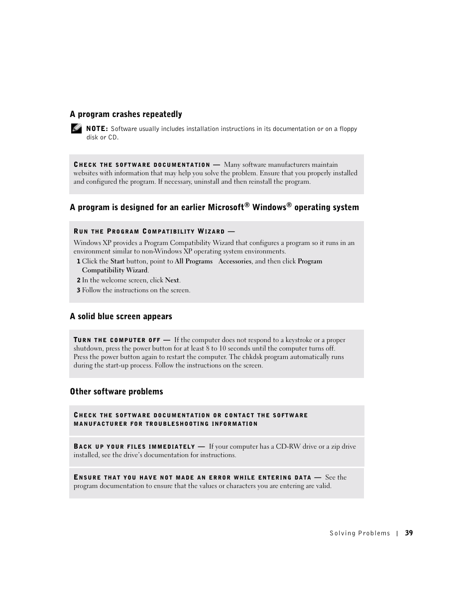 A program crashes repeatedly, A solid blue screen appears, Other software problems | A program is designed for an earlier microsoft, Windows | Dell Dimension 8300 User Manual | Page 39 / 146