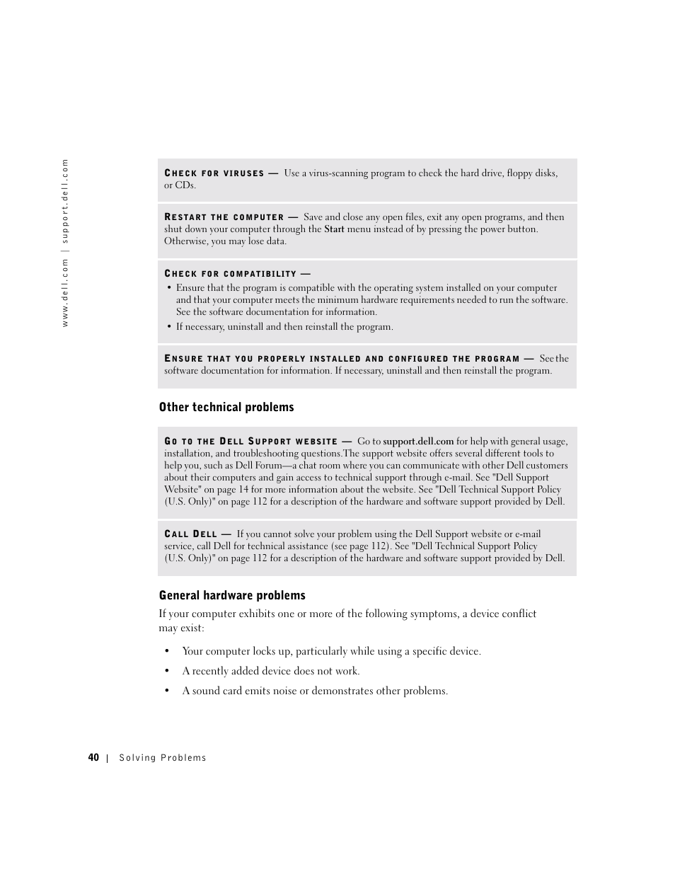 Other technical problems, General hardware problems, Other technical problems general hardware problems | Dell Dimension 8300 User Manual | Page 40 / 146