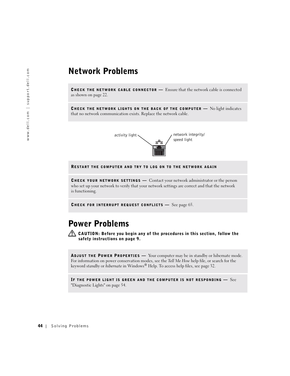 Network problems, Power problems, Network problems power problems | Dell Dimension 8300 User Manual | Page 44 / 146