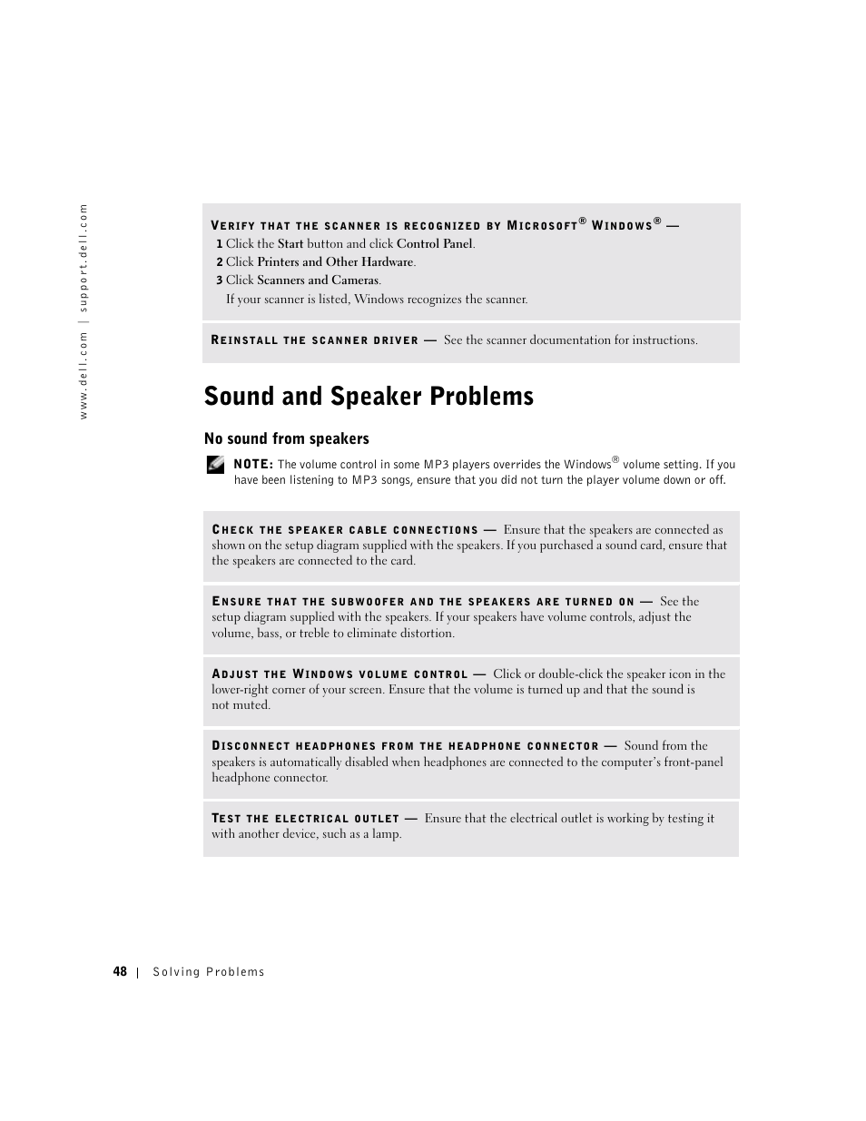 Sound and speaker problems, No sound from speakers | Dell Dimension 8300 User Manual | Page 48 / 146