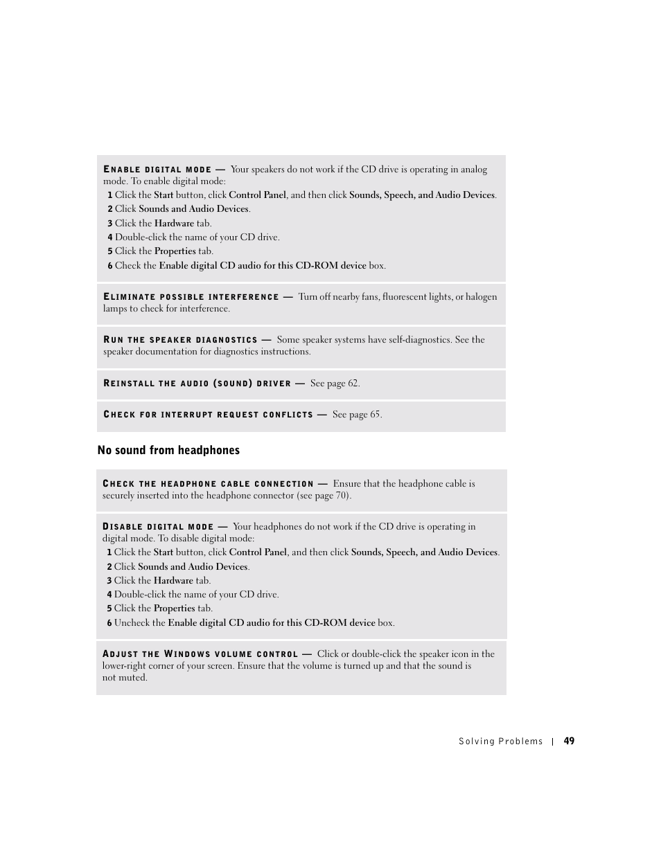 No sound from headphones | Dell Dimension 8300 User Manual | Page 49 / 146