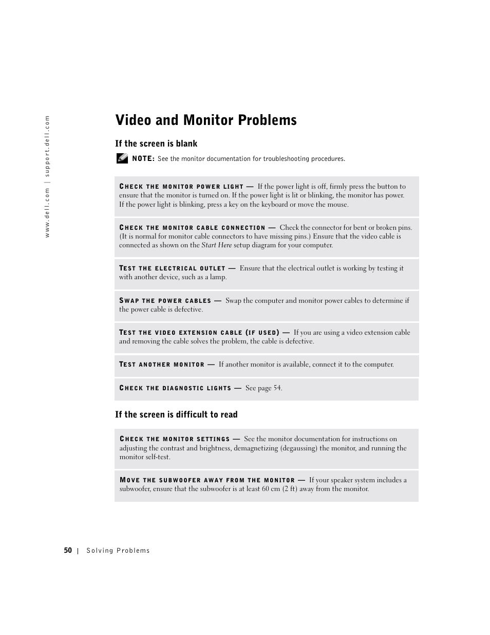 Video and monitor problems, If the screen is blank, If the screen is difficult to read | Dell Dimension 8300 User Manual | Page 50 / 146