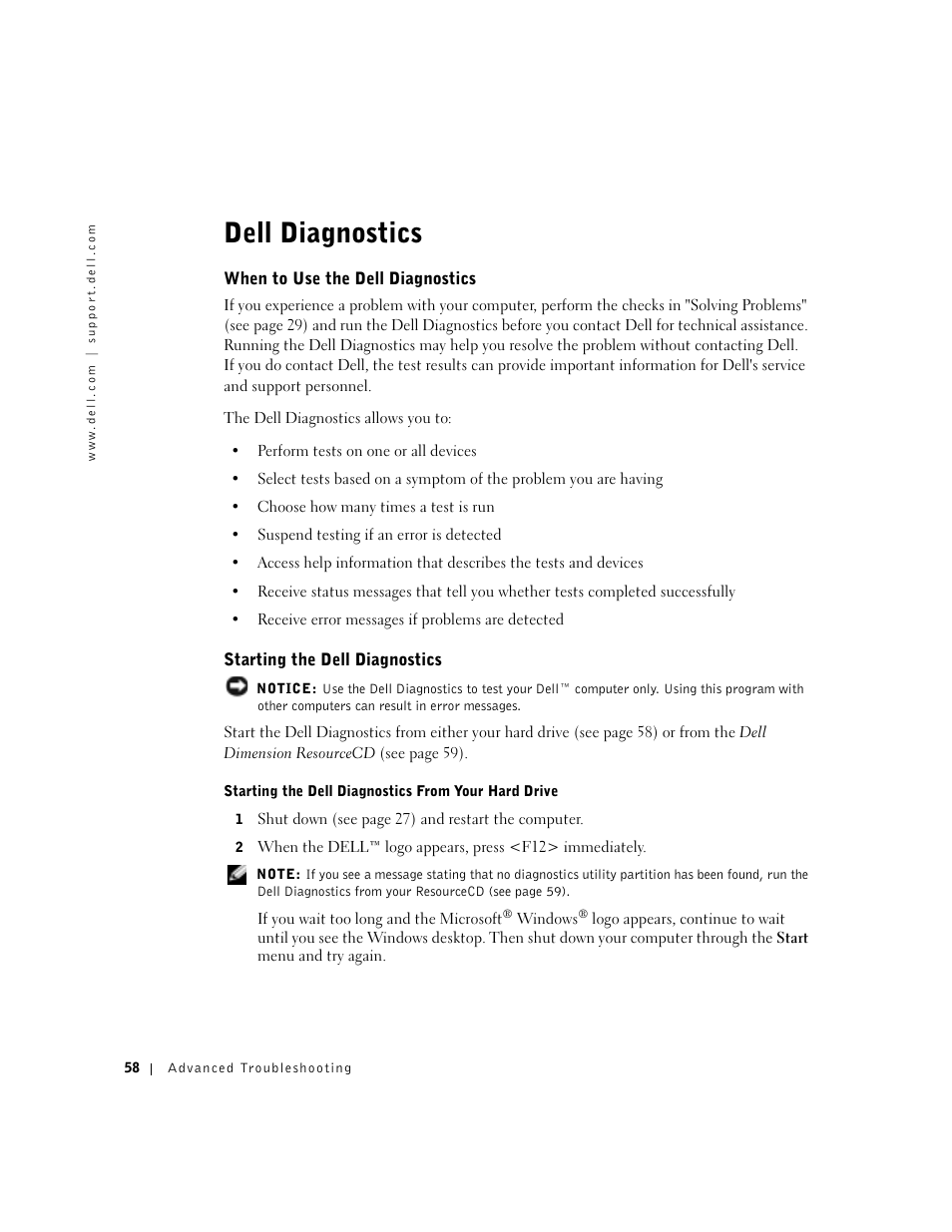 Dell diagnostics, When to use the dell diagnostics, Starting the dell diagnostics | Dell Dimension 8300 User Manual | Page 58 / 146