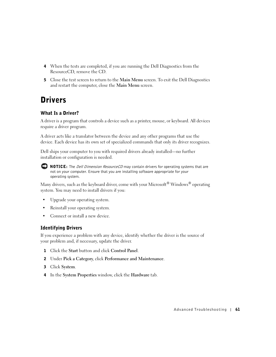 Drivers, What is a driver, Identifying drivers | Dell Dimension 8300 User Manual | Page 61 / 146