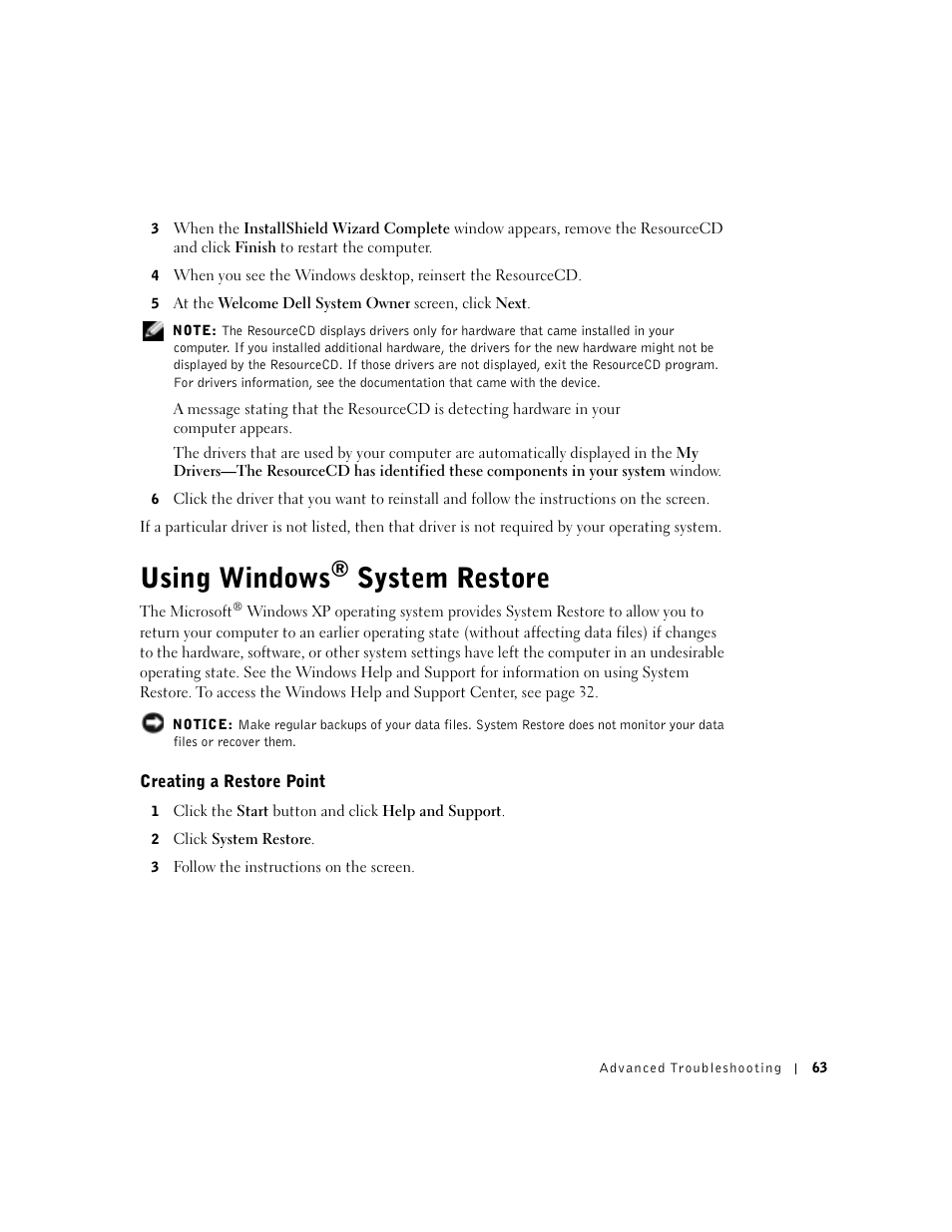 Using windows® system restore, Creating a restore point, Using windows | System restore | Dell Dimension 8300 User Manual | Page 63 / 146