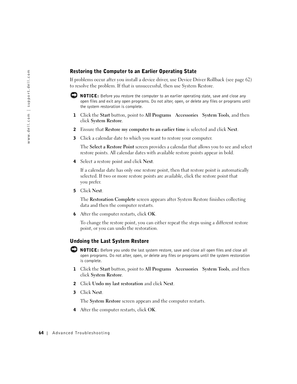 Undoing the last system restore | Dell Dimension 8300 User Manual | Page 64 / 146