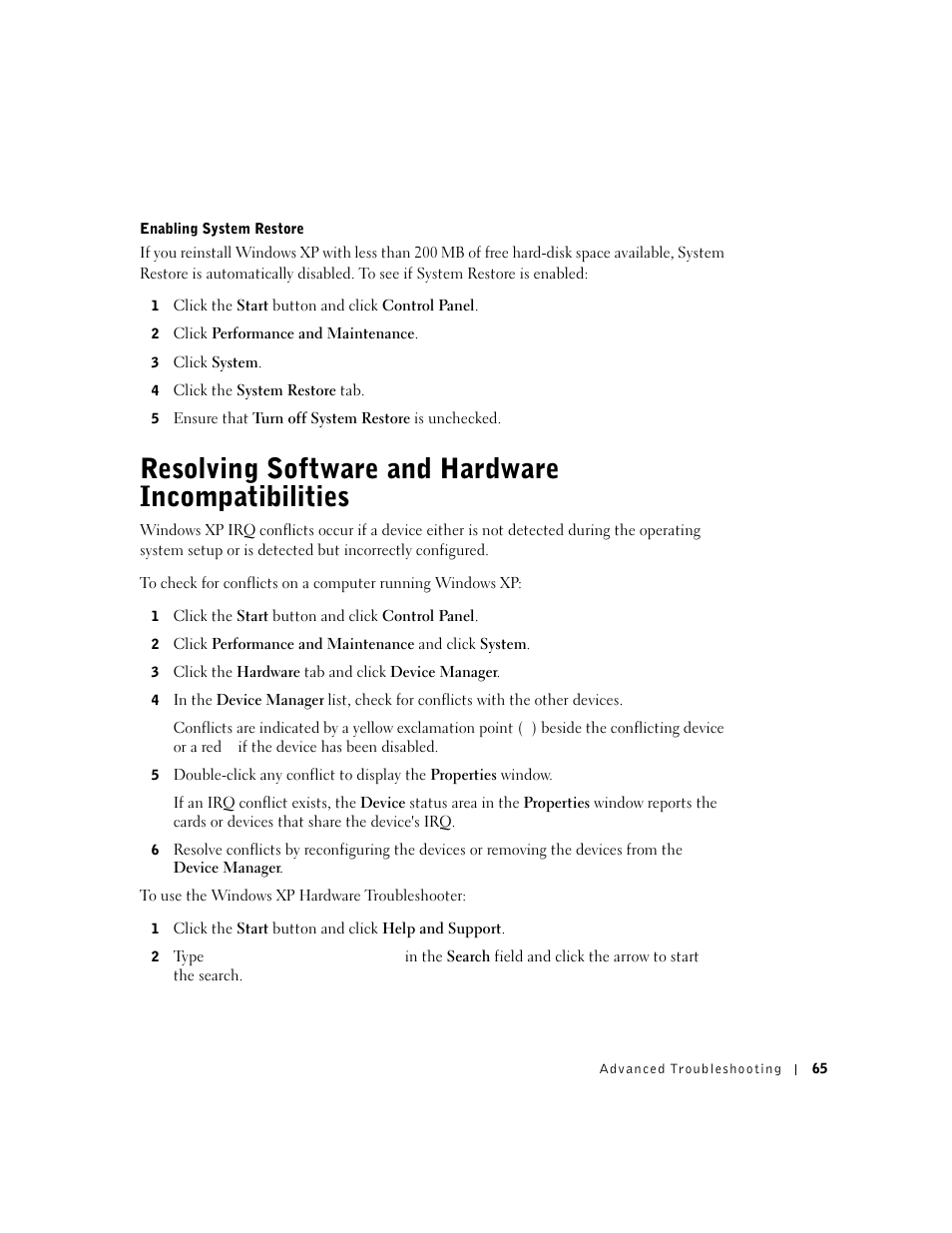Resolving software and hardware incompatibilities | Dell Dimension 8300 User Manual | Page 65 / 146