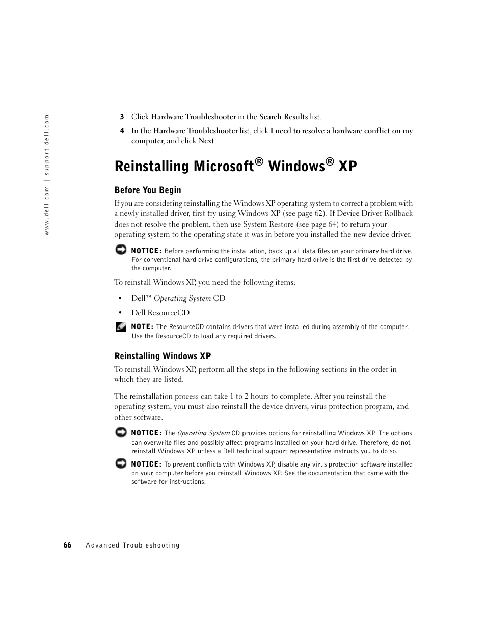 Reinstalling microsoft® windows® xp, Before you begin, Reinstalling windows xp | Reinstalling microsoft, Windows | Dell Dimension 8300 User Manual | Page 66 / 146