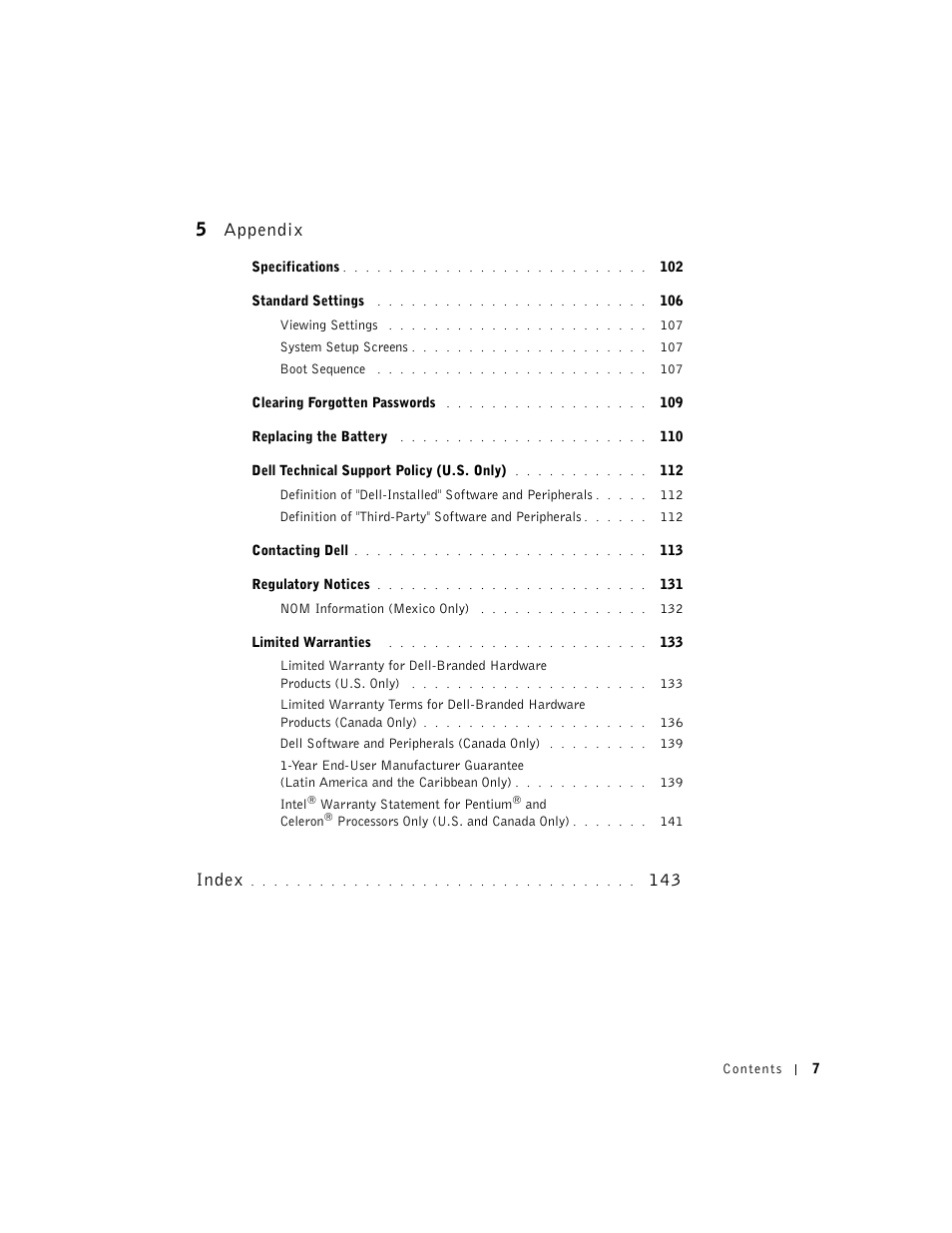 5 appendix, Index | Dell Dimension 8300 User Manual | Page 7 / 146
