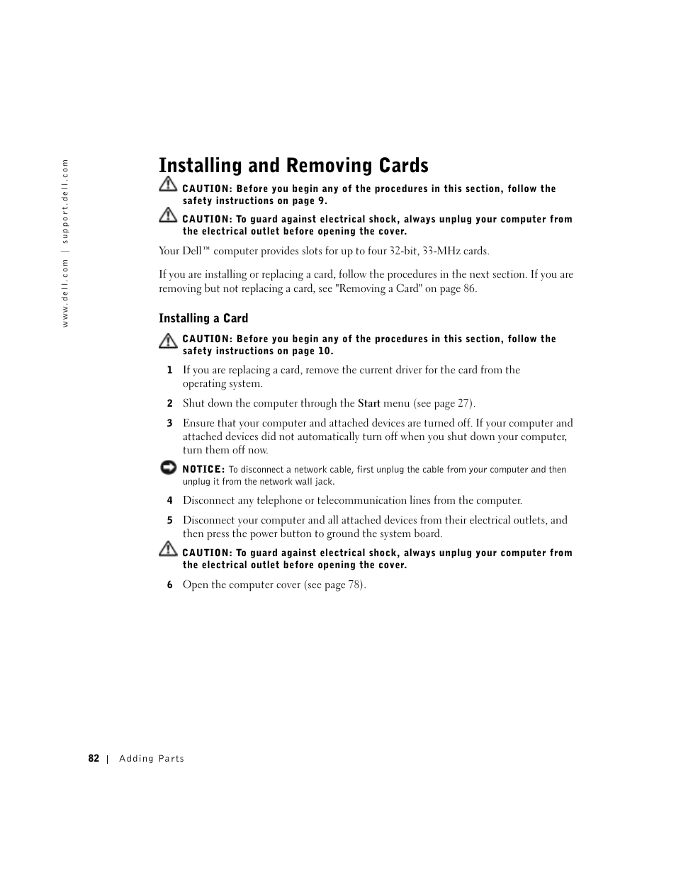 Installing and removing cards, Installing a card | Dell Dimension 8300 User Manual | Page 82 / 146