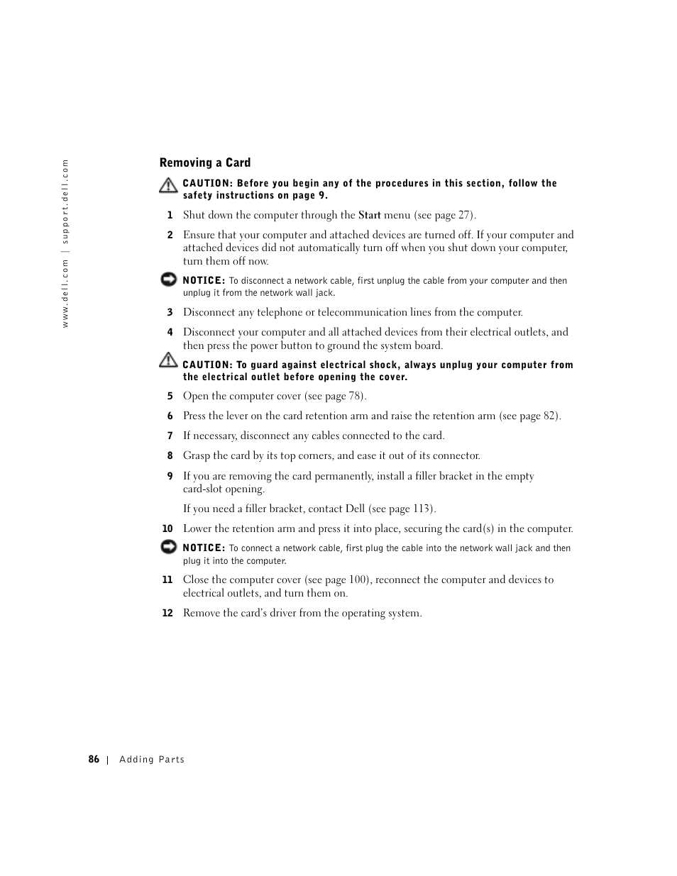 Removing a card | Dell Dimension 8300 User Manual | Page 86 / 146