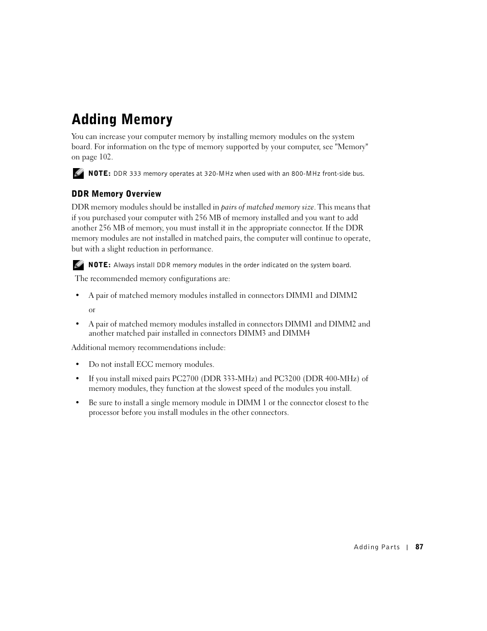 Adding memory, Ddr memory overview | Dell Dimension 8300 User Manual | Page 87 / 146