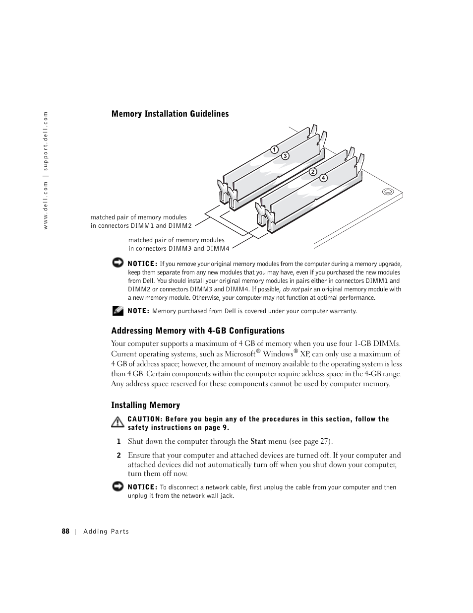 Memory installation guidelines, Addressing memory with 4-gb configurations, Installing memory | Dell Dimension 8300 User Manual | Page 88 / 146