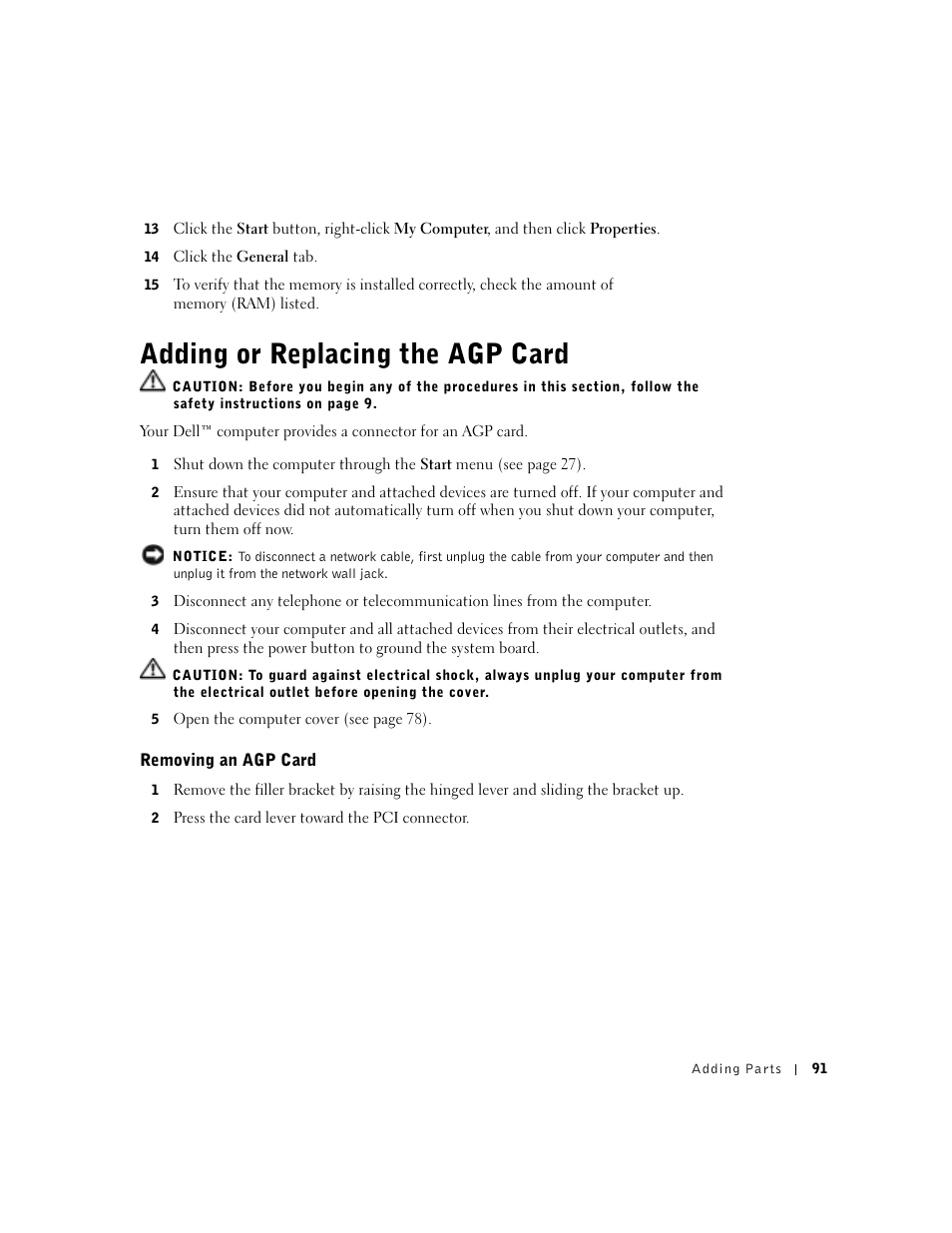 Adding or replacing the agp card, Removing an agp card | Dell Dimension 8300 User Manual | Page 91 / 146