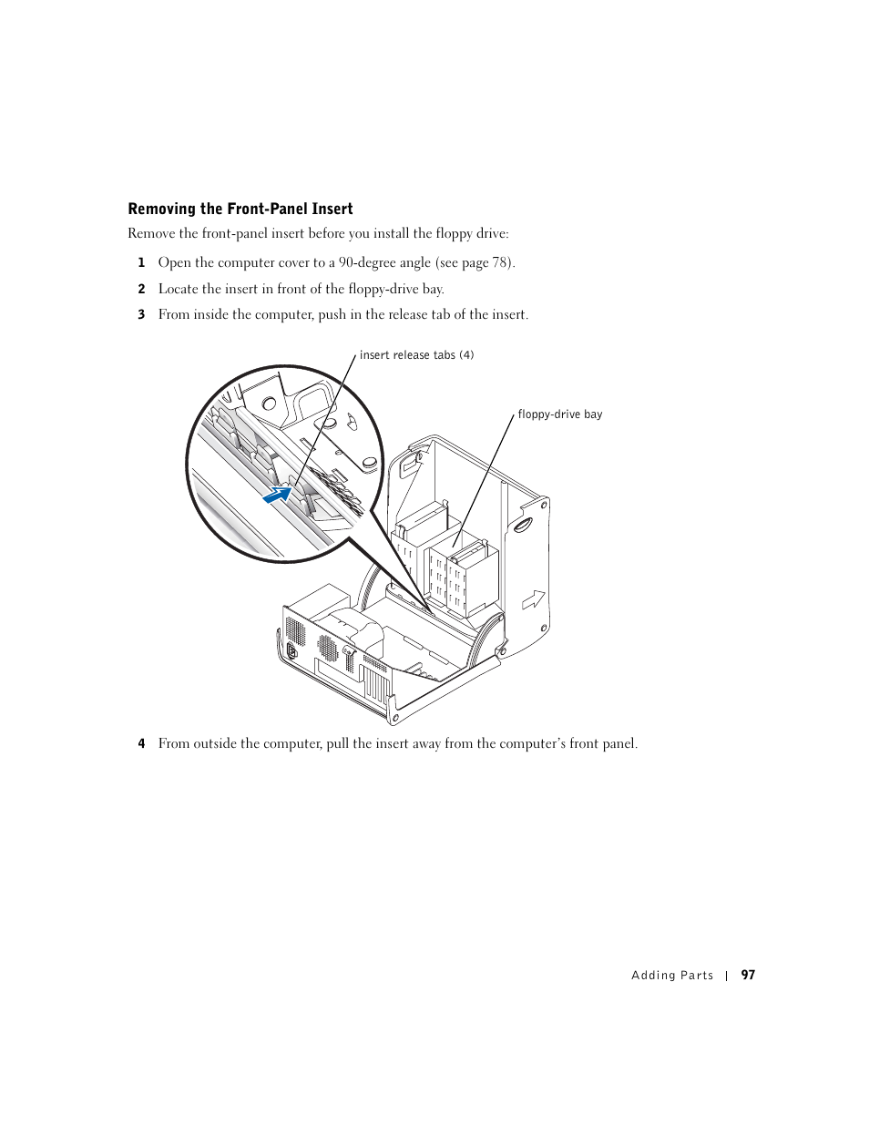 Removing the front-panel insert | Dell Dimension 8300 User Manual | Page 97 / 146