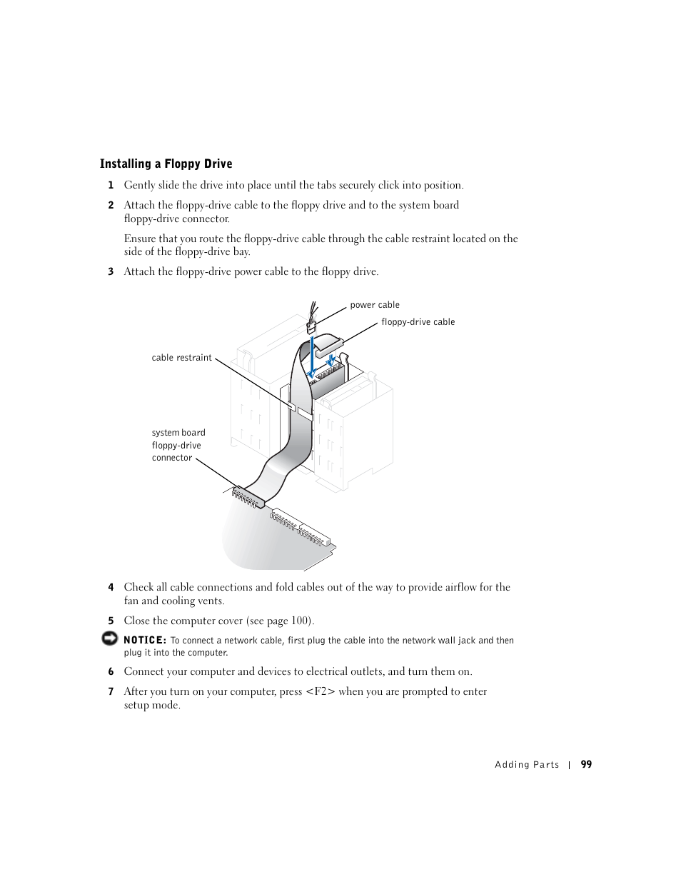 Installing a floppy drive | Dell Dimension 8300 User Manual | Page 99 / 146