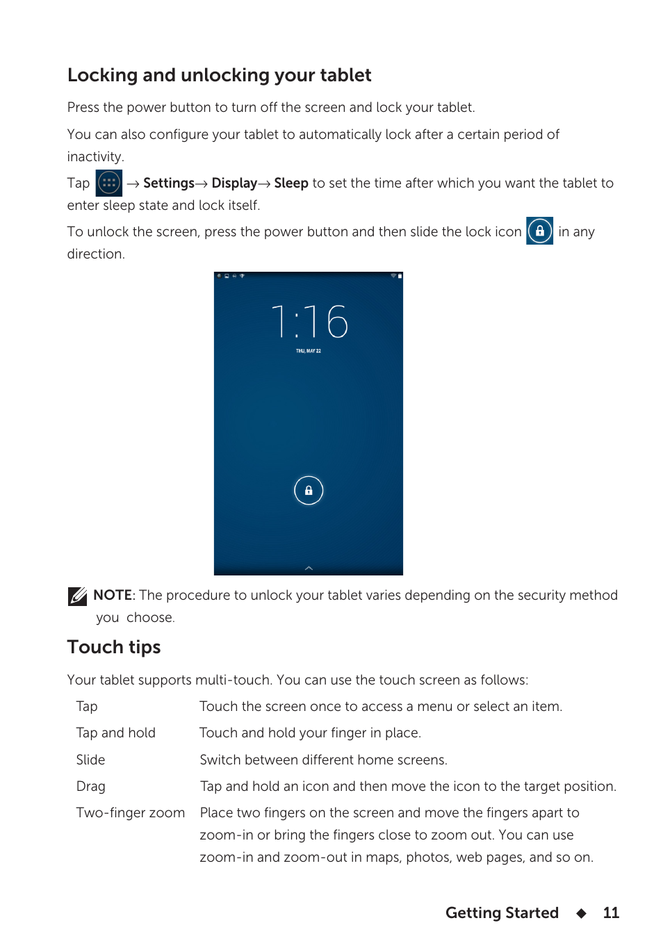 Locking and unlocking your tablet, Touch tips | Dell Venue 7 3740 User Manual | Page 11 / 32