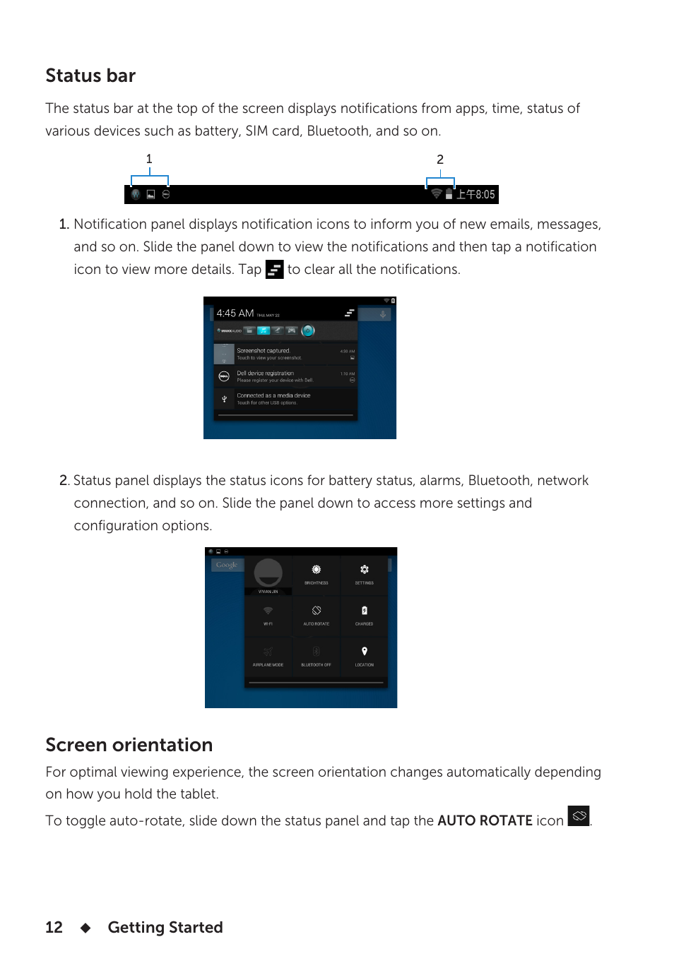 Status bar, Screen orientation | Dell Venue 7 3740 User Manual | Page 12 / 32