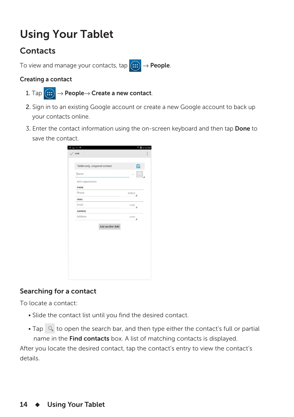 Figure, Using your tablet, Contacts | Dell Venue 7 3740 User Manual | Page 14 / 32