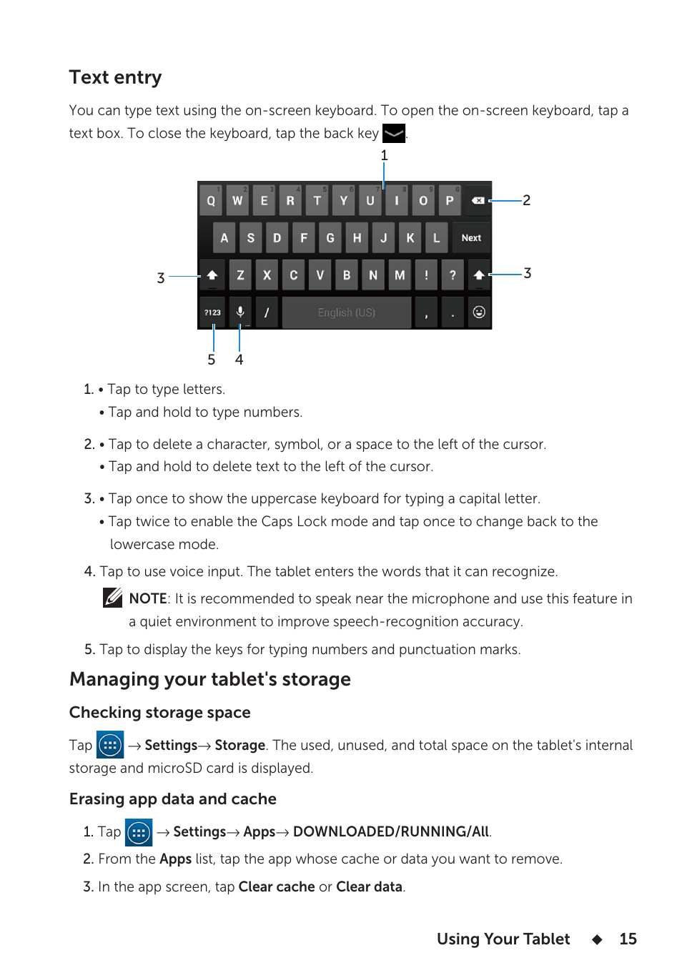 Text entry, Managing your tablet's storage | Dell Venue 7 3740 User Manual | Page 15 / 32