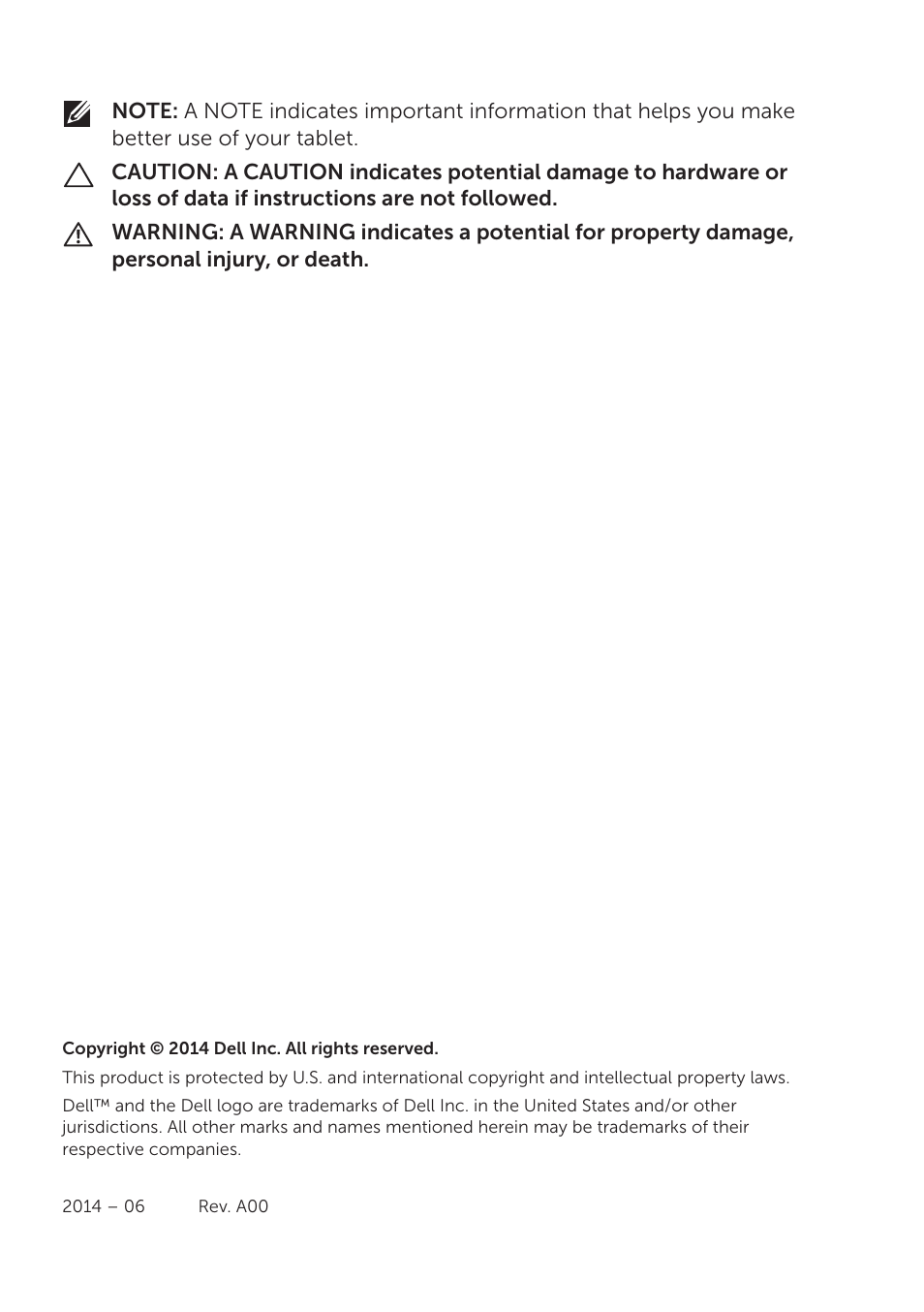 Story, Caution, Table | Copyright © 2014 dell inc. all rights reserved, 2014 – 06 rev. a00 | Dell Venue 7 3740 User Manual | Page 2 / 32