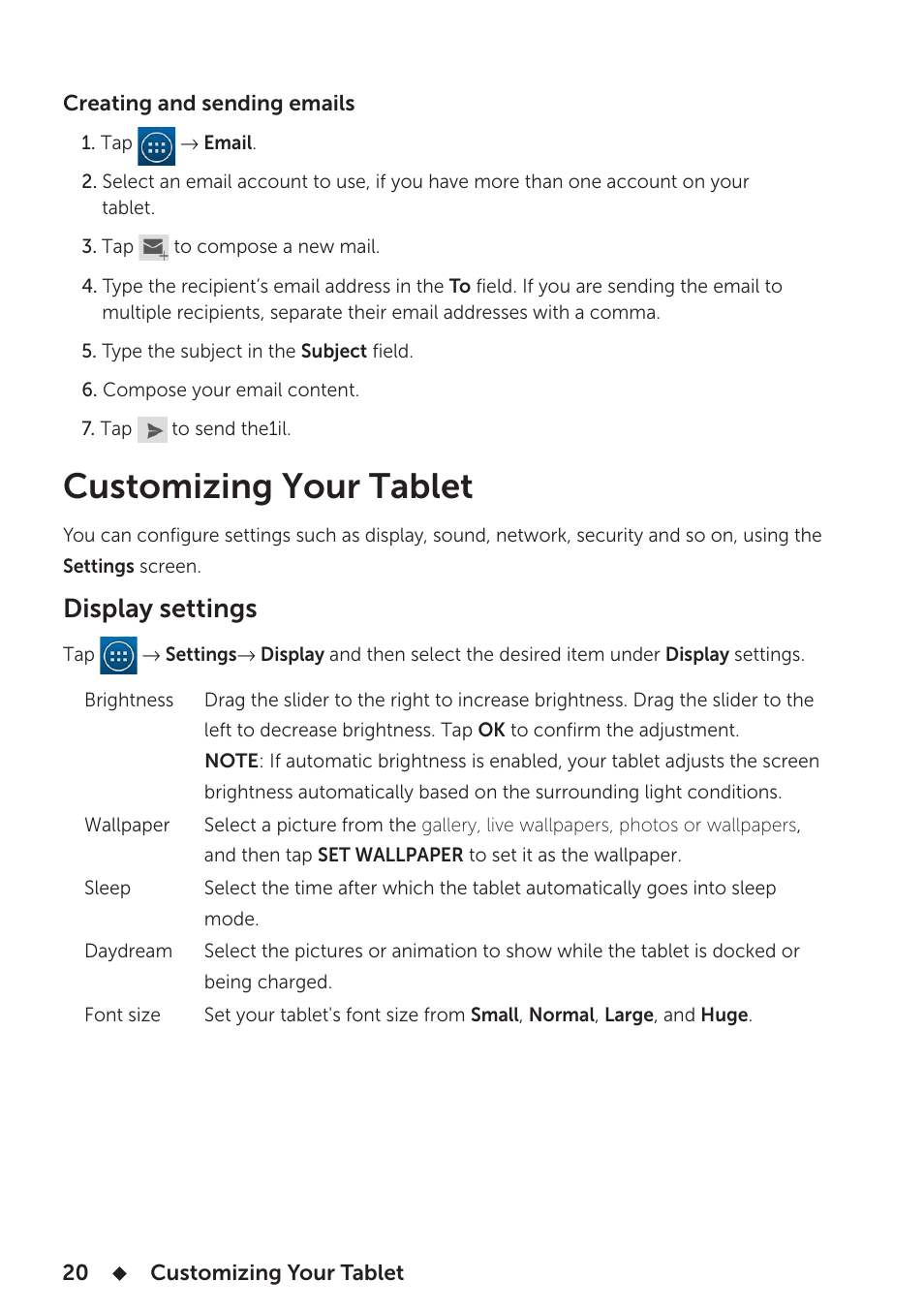 Customizing your tablet, Display settings | Dell Venue 7 3740 User Manual | Page 20 / 32